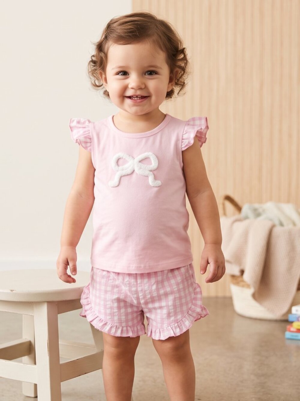 NWOT | Pink Bow & Gingham Set | Chenille Bow Top | Ruffle Shorts | 12-18M